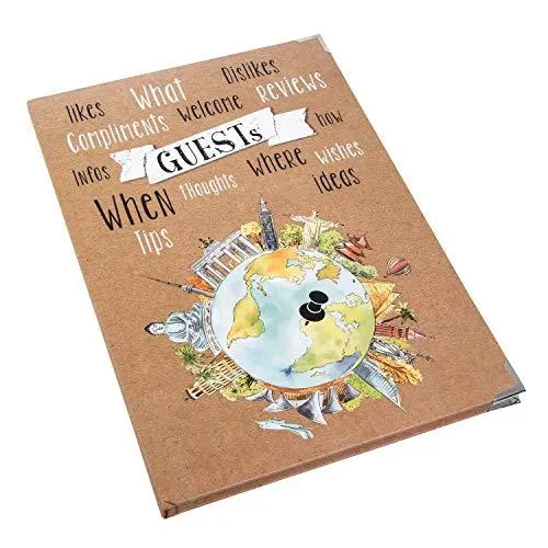Gästebuch DIN A4 Hardcover braun mit Weltkugel Globus Motiv braun bunt mit leeren weißen Seiten