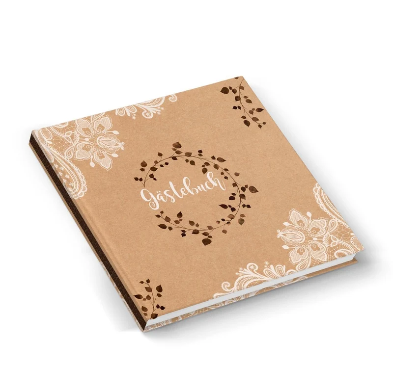 Gästebuch Hochzeit 21 x 21 cm Kraftpapieroptik mit Spitze vintage boho