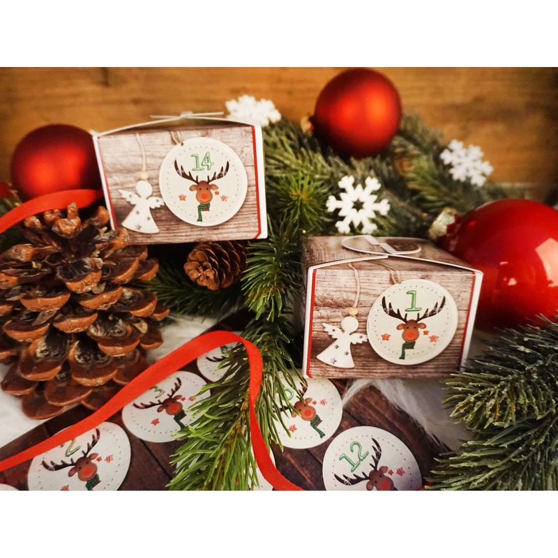 24 Adventskalenderzahlen Aufkleber 1 - 24 mit Rentier beige braun