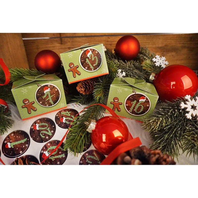 24 Adventskalenderzahlen Aufkleber 1 - 24 Holzoptik beige braun