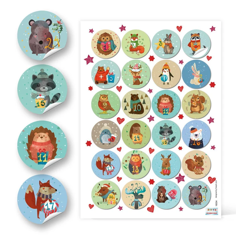 24 Zahlenaufkleber für DIY Adventskalender 4 cm bunte Tiere