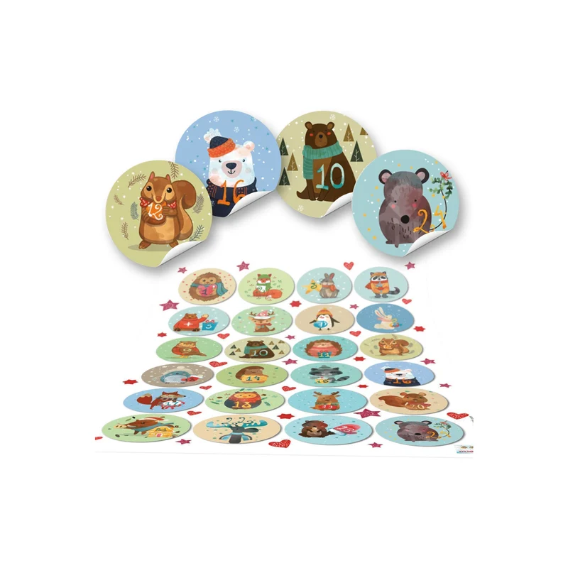 24 Zahlenaufkleber für DIY Adventskalender 4 cm bunte Tiere