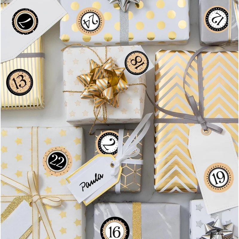 Adventskalender Zahlen Aufkleber 1 - 24 zum Basteln 4 cm schwarz weiß gold