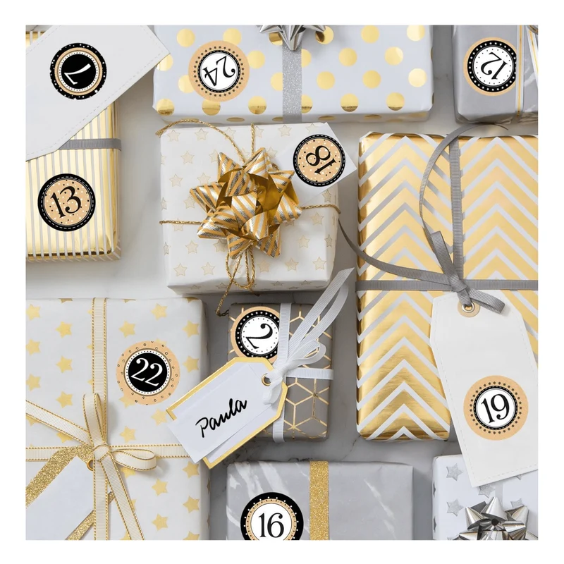 Adventskalender Zahlen Aufkleber 1 - 24 zum Basteln 4 cm schwarz weiß gold