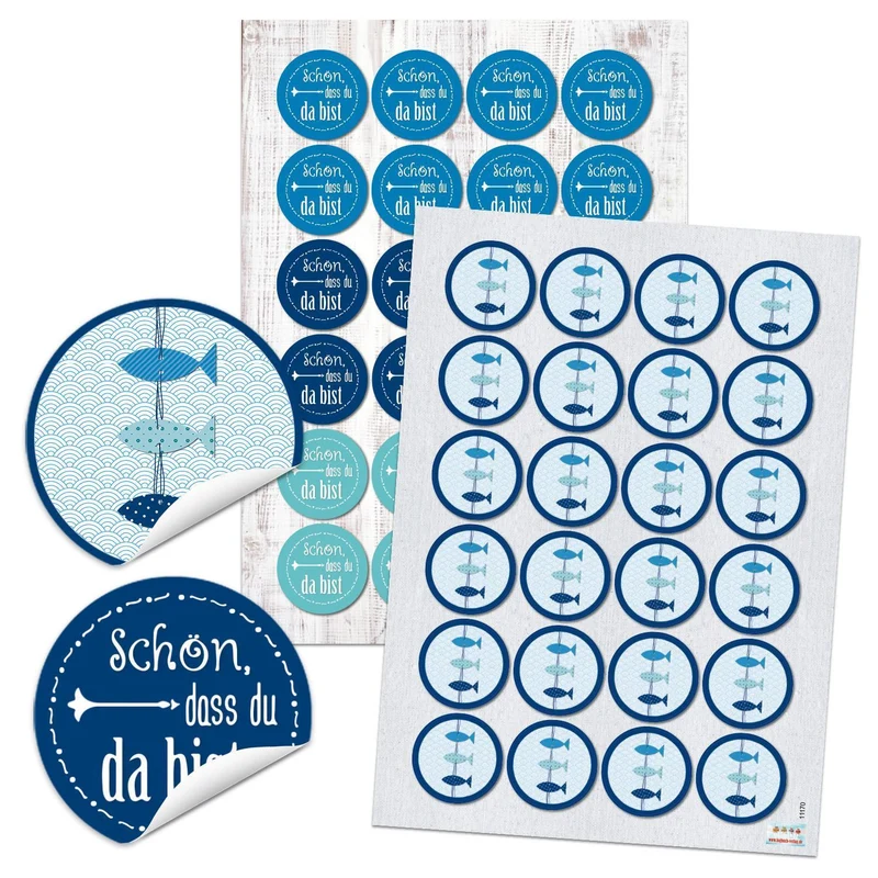 Aufkleber Set 24 x Schön, dass du da bist + 24 Fische - maritime Sticker blau weiß