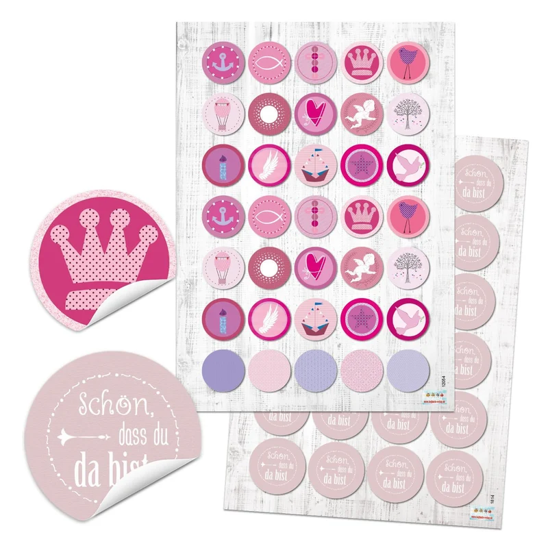 Aufkleber Set 24 Schön, dass du da bist + 35 Sticker rosa pink weiß für Taufe Kommunion