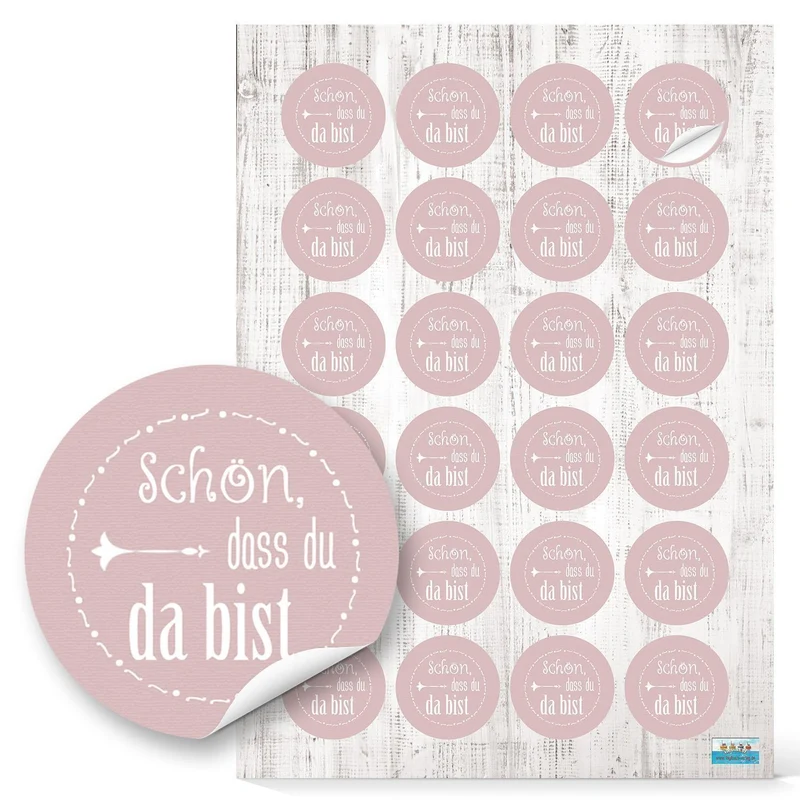 Aufkleber Set 24 Schön, dass du da bist + 35 Sticker rosa pink weiß für Taufe Kommunion