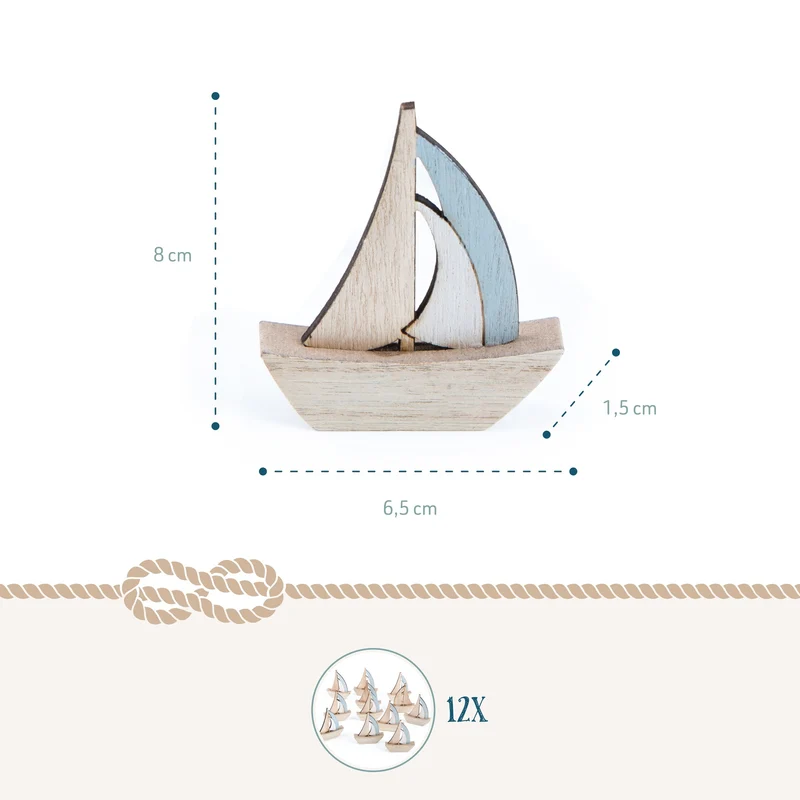 Kleine Segelboote - 8,5 cm - aus Holz in natur blau - 12 Stück - zum Hinstellen
