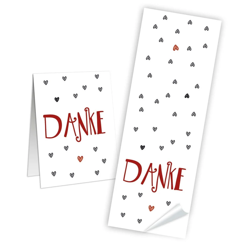 100 Stück Aufkleber Sticker DANKE weiß rot grau HERZ Dankeschön Geschenkaufkleber 5 x 14,8 cm Hochzeit Gastgeschenk Mitgebsel give-away Geschenk-Verpackung Papiertüten zukleben Liebe