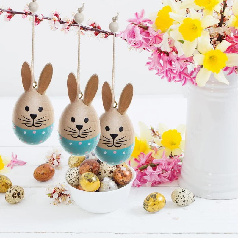 5 Osterhasen zum Aufhängen 7,5 cm türkis natur - Osterschmuck