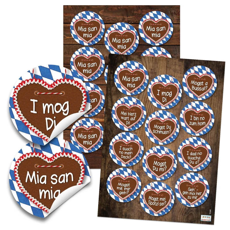 16 x 12 Bayerische Aufkleber rund blau weiß kariert MIA SAN MIA Single Sticker Single-Party Partnerböres Bayern Mundart Sprüche lustig Ich liebe Dich Etiketten Oktoberfest Gag
