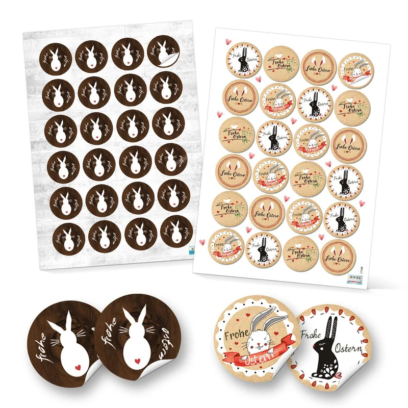 SET 96 Frohe Ostern Aufkleber Osterhase Osterdeko bunt Osteretiketten rund Verpackung Kindergeschenke Geschenke Give-Away braun beige weiß rot