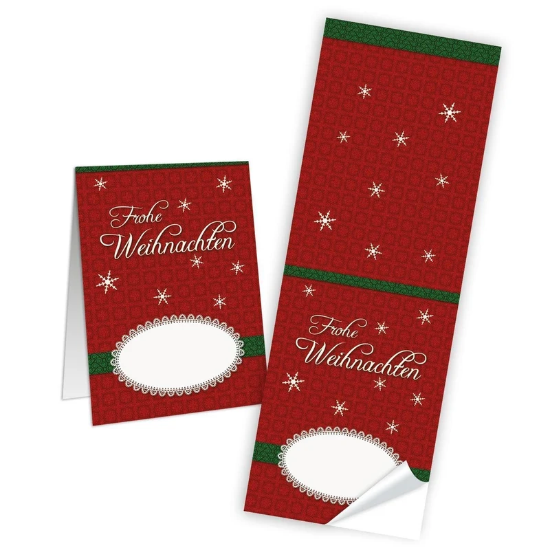 50 Weihnachtsaufkleber Geschenkaufkleber FROHE WEIHNACHTEN rot weinrot grün weiß Aufkleber 5 x 14,8 cm für Verpackung Geschenke give-away Kundengeschenke Papiertüten verschließen
