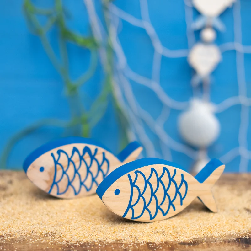Deko Fisch zum Hinstellen aus Holz 10,5 x 5 x 1,5 cm natur blau - maritime Holzdeko
