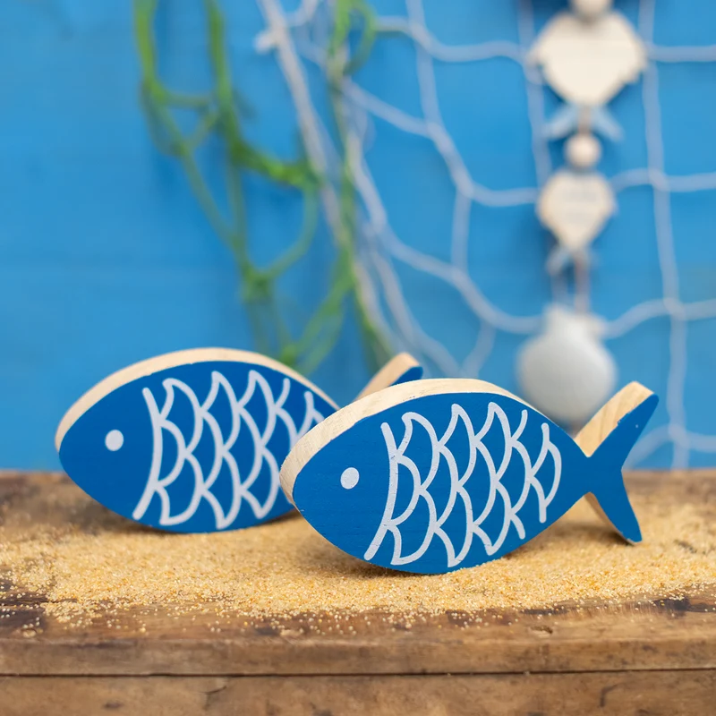 Holzdeko Fisch zum Hinstellen 13 x 6 x 1,5 cm - maritime Deko aus Holz blau weiß