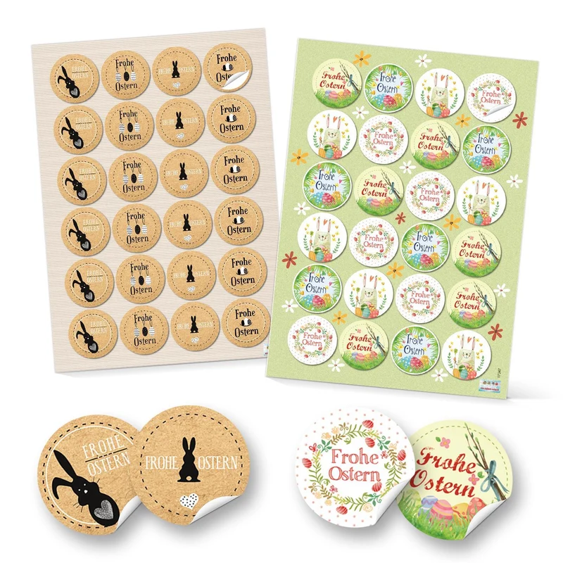 Logbuch-Verlag Set 48 Frohe Ostern Aufkleber Osterhase Osterdeko bunt Osteretiketten rund Verpackung Kindergeschenke Geschenke Give-Away grün gelb pink beige