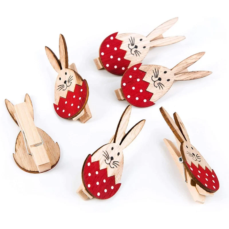 6 Osterklammern natur rot mit Punkten 8 cm - Osterhasen zum Klammern