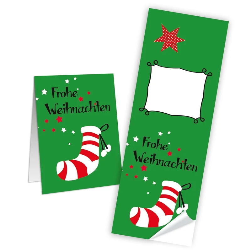 50 Aufkleber Sticker FROHE WEIHNACHTEN grün rot weiß NIKOLAUSSTRUMPF 5 x 14,8 cm Geschenkaufkleber Verpackung Geschenke Banderolen Papiertüten zukleben Weihnachtsaufkleber