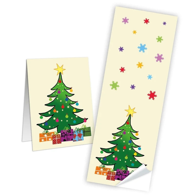 25 beige grün rot gelb Aufkleber Sticker WEIHNACHTSBAUM 5 x 14,8 cm - Etiketten Weihnachtsaufkleber Geschenkaufkleber Banderolen zum Verschließen von Papiertüten Geschenktüten Weihnachten