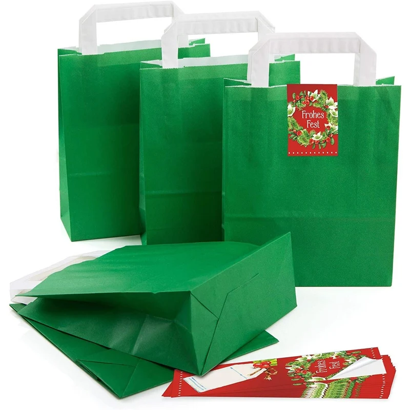 Dunkelgrüne Henkeltüten 18 x 8 x 22 cm mit Weihnachtsbanderolen in verschiedenen Motiven