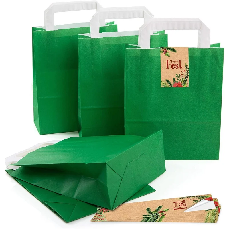 Dunkelgrüne Henkeltüten 18 x 8 x 22 cm mit Weihnachtsbanderolen in verschiedenen Motiven