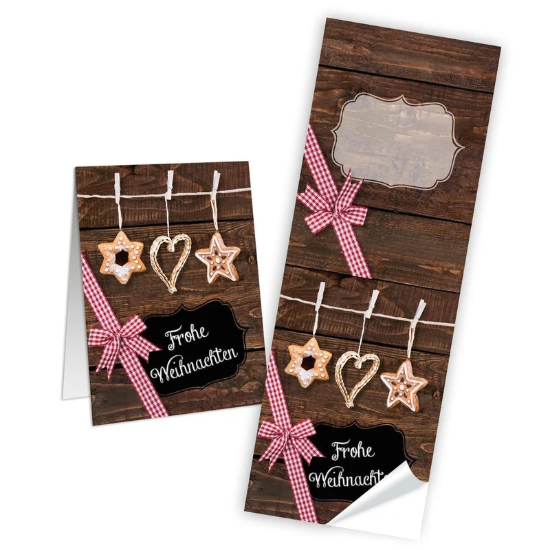 50 Aufkleber Sticker FROHE WEIHNACHTEN rot weiß braun kariert Strohschmuck 5 x 14,8 cm Holz-Optik natürlich Weihnachtsaufkleber Banderolen für Weihnachtstüten Geschenktüten Papiertüten - Verpackung