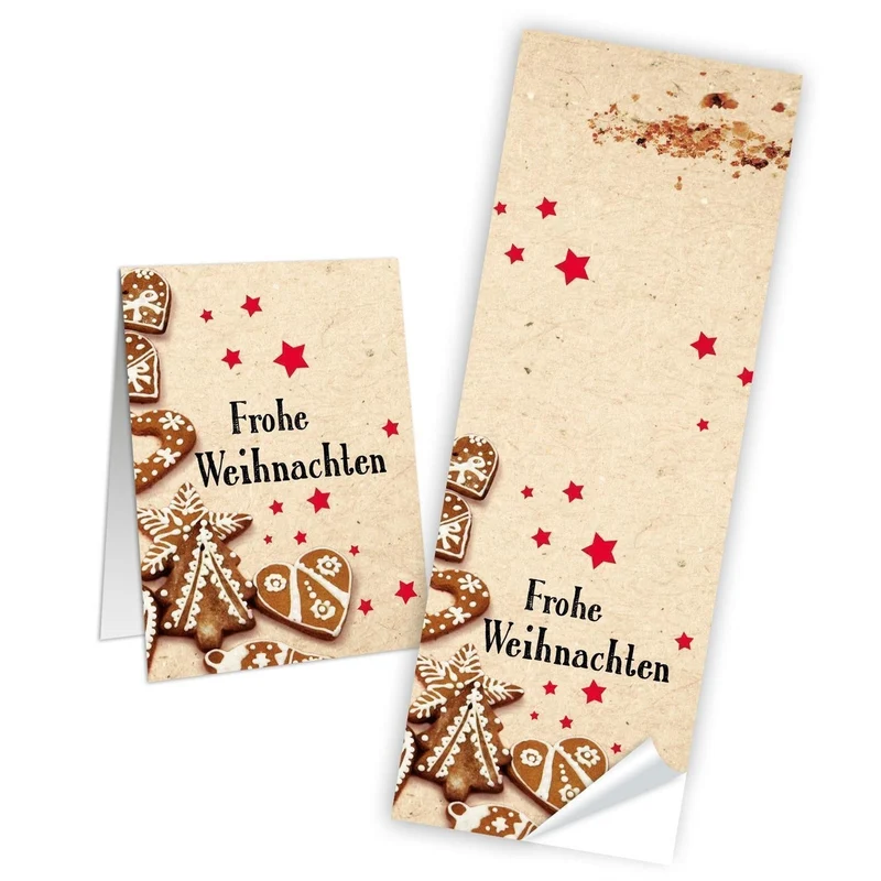 100 Weihnachtsaufkleber FROHE WEIHNACHTEN Aufkleber Lebkuchen rot beige natur Plätzchen Sticker 5 x 14,8 cm selbstklebende Etiketten für Papiertüten Geschenktüten als Verpackung