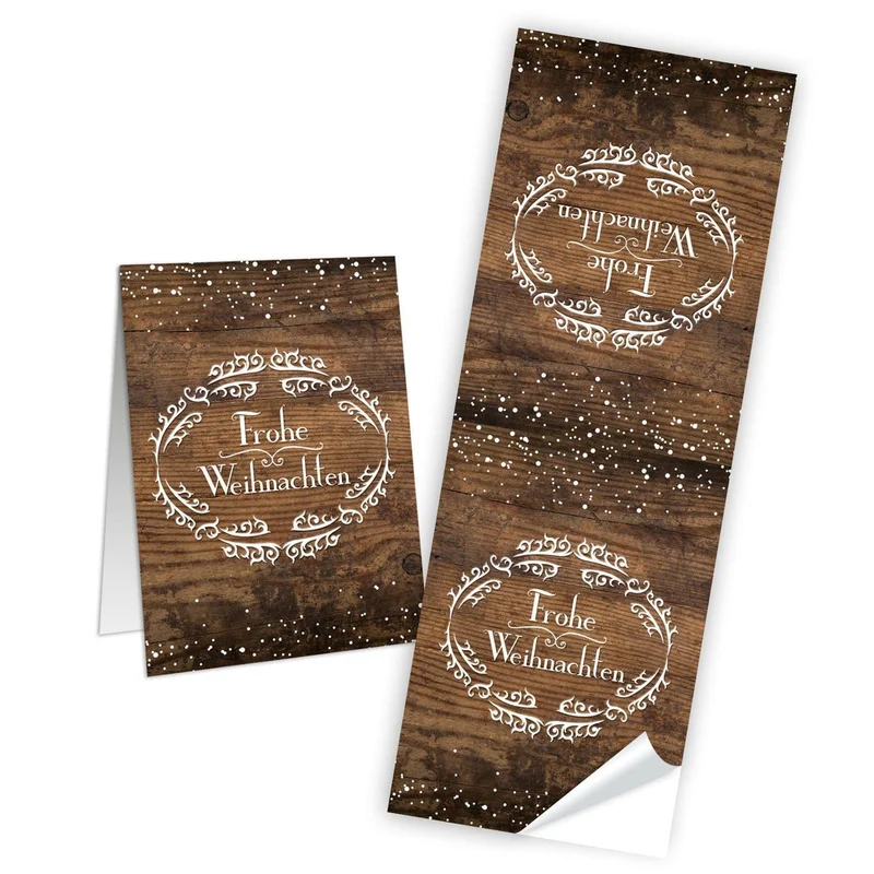 50 Weihnachtsaufkleber Geschenk-Aufkleber FROHE WEIHNACHTEN braun weiß Holz-Optik rustikal 5 x 14,8 cm - Verpackung Geschenke Papiertüten zukleben Sticker Banderolen alt vintage