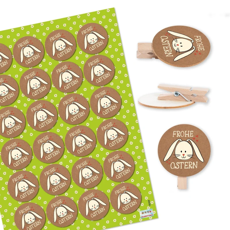 24 Osterklammern aus Holz mit Aufleber Frohe Ostern - Osterhase Verzierung Verpackung braun weiß