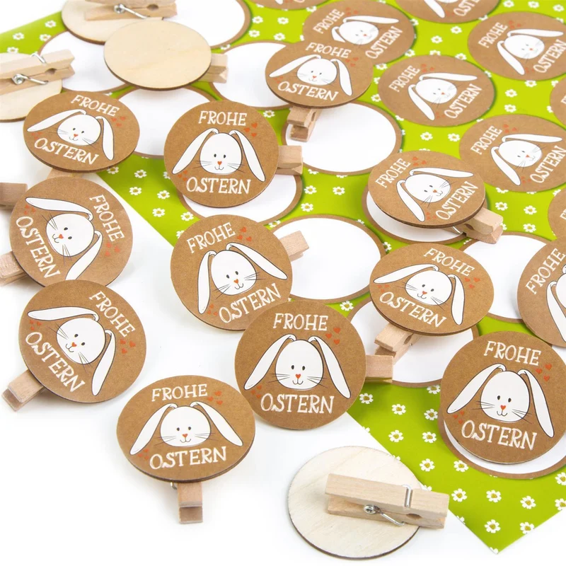 24 Osterklammern aus Holz mit Aufleber Frohe Ostern - Osterhase Verzierung Verpackung braun weiß