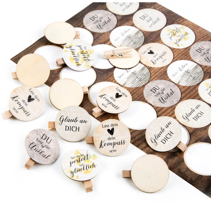 24 Sprüche Klammern - Motivation Statements Weisheiten - Dekoklammern Verzierung Verpackung - Naturmotive
