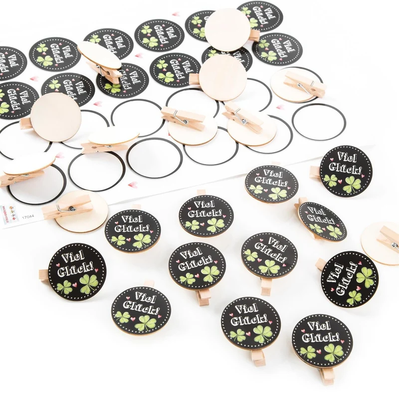 24 VIEL GLÜCK Aufkleber + 24 Holzklammern mit runder Scheibe - Glücksbringer schwarz weiß grün - Geschenk Prüfung