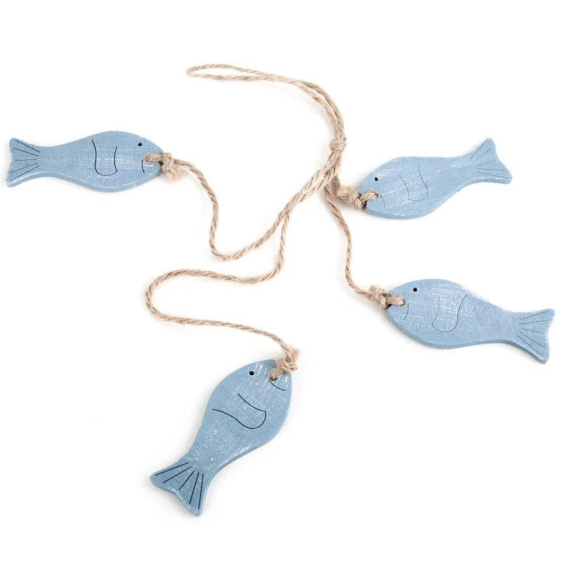 4 blaue maritime Holzfische auf Schnur zum Aufhängen - 8,5 cm groß - für Firmung Taufe