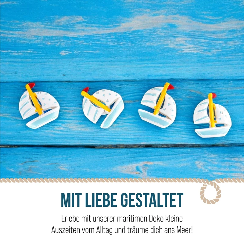 6 kleine Segelboote 2,5 cm weiß blau gelb mit Klebepunkt