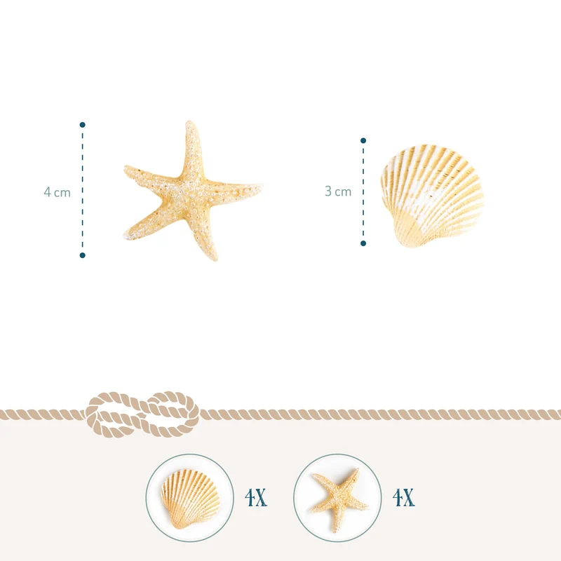 8-teiliges Deko Set mit Muscheln + Seesternen beige zum Kleben