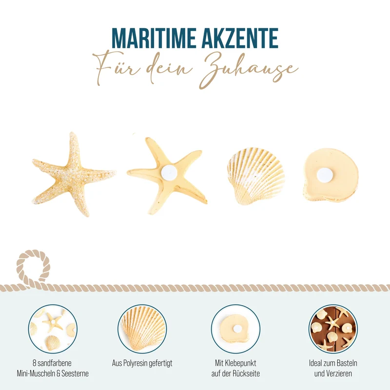 8-teiliges Deko Set mit Muscheln + Seesternen beige zum Kleben