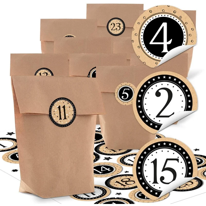 Adventskalender-Set Kraftpapiertüten 14 x 22 x 5,6 cm mit Weihnachtsaufklebern braun