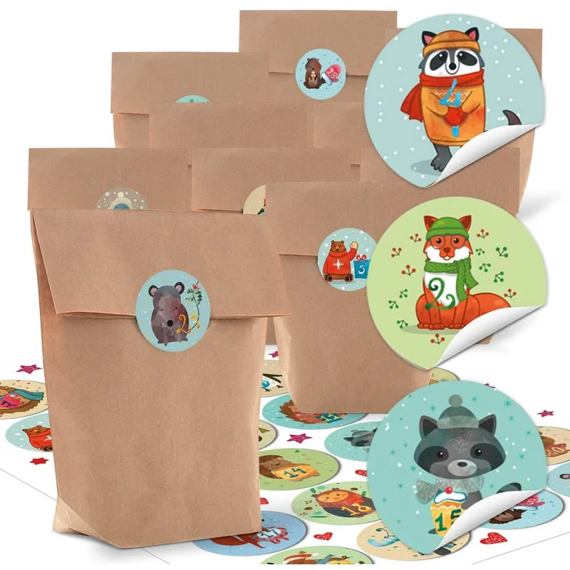 Adventskalender-Set Kraftpapiertüten 14 x 22 x 5,6 cm mit Weihnachtsaufklebern braun
