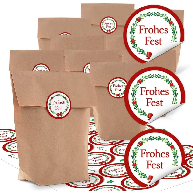 Adventskalender-Set Kraftpapiertüten 14 x 22 x 5,6 cm mit Weihnachtsaufklebern braun