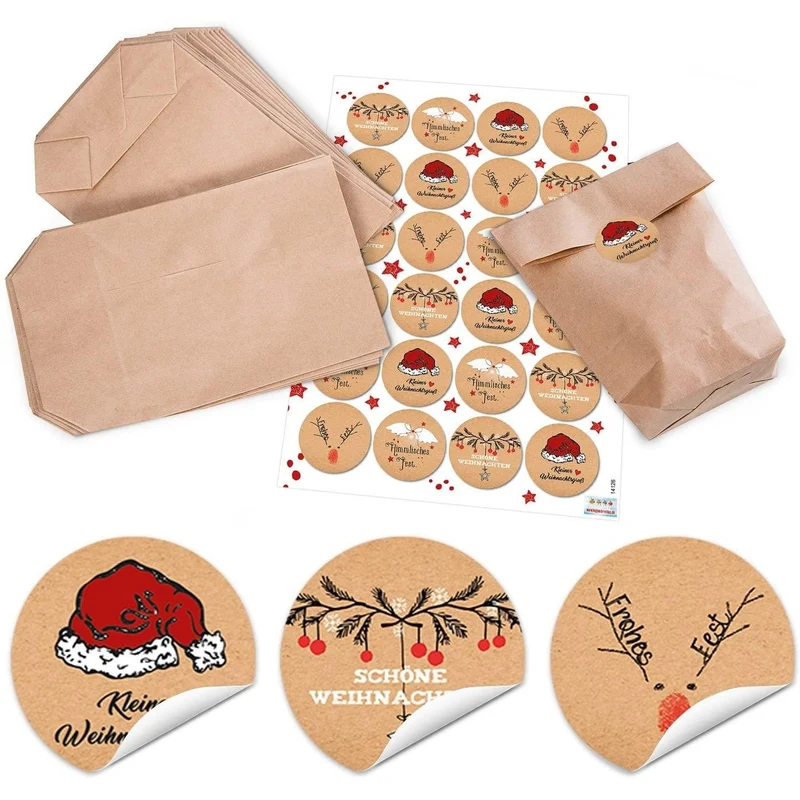 Adventskalender-Set Kraftpapiertüten 14 x 22 x 5,6 cm mit Weihnachtsaufklebern braun