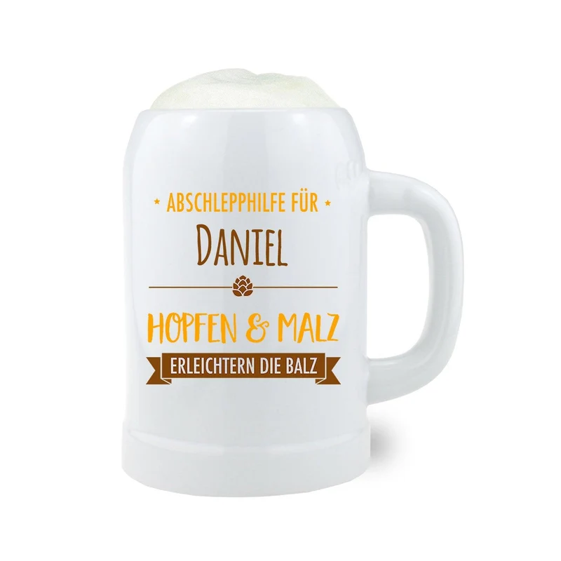 Bierkrug "Abschlepphilfe" mit Namensaufdruck