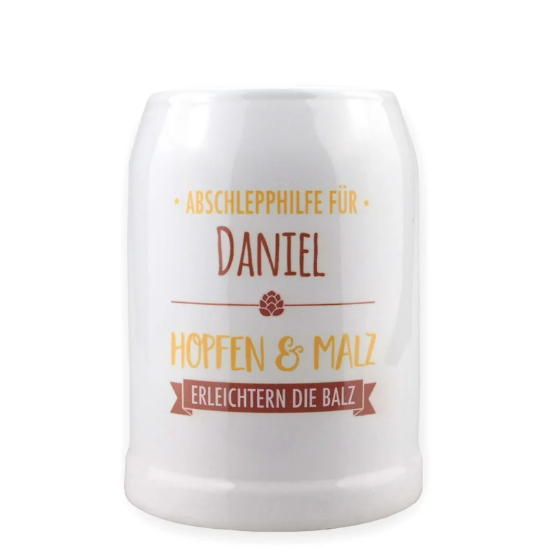 Bierkrug "Abschlepphilfe" mit Namensaufdruck