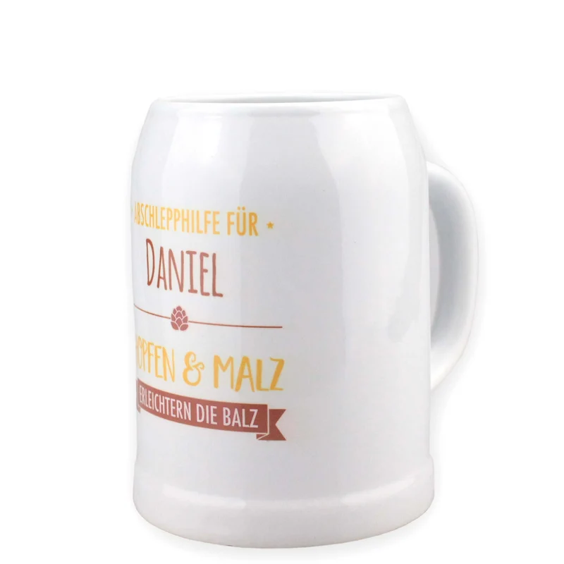 Bierkrug "Abschlepphilfe" mit Namensaufdruck