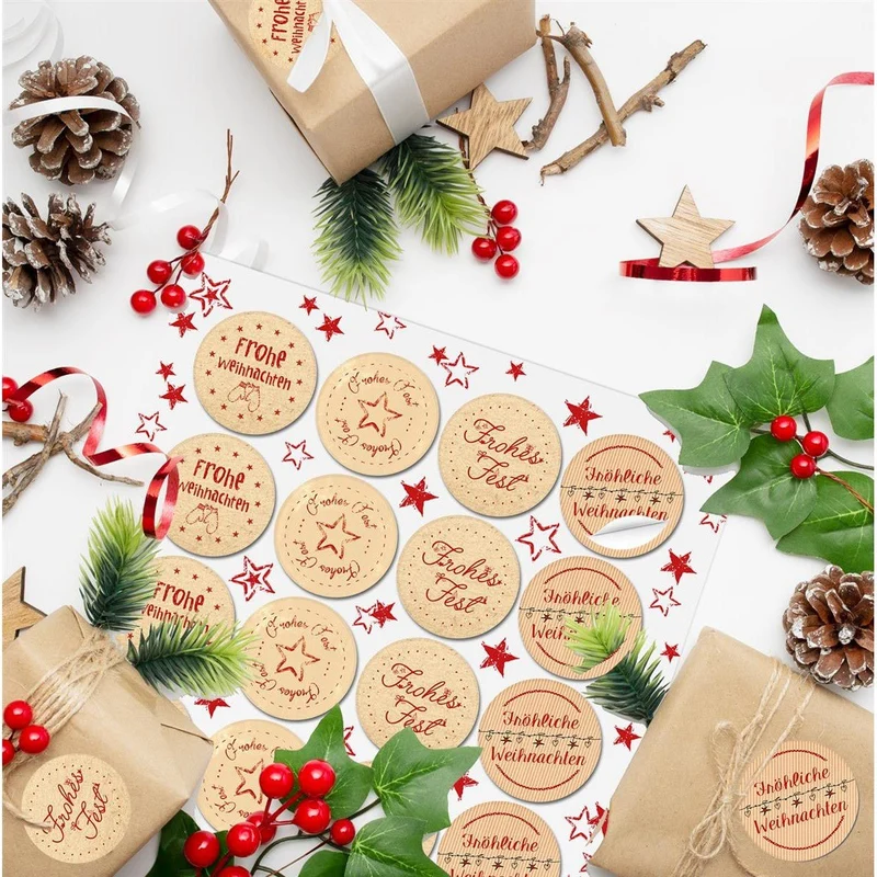 Weihnachtsaufkleber Set - 4 x 24 Sticker in Kraftpapier-Optik natur braun rot