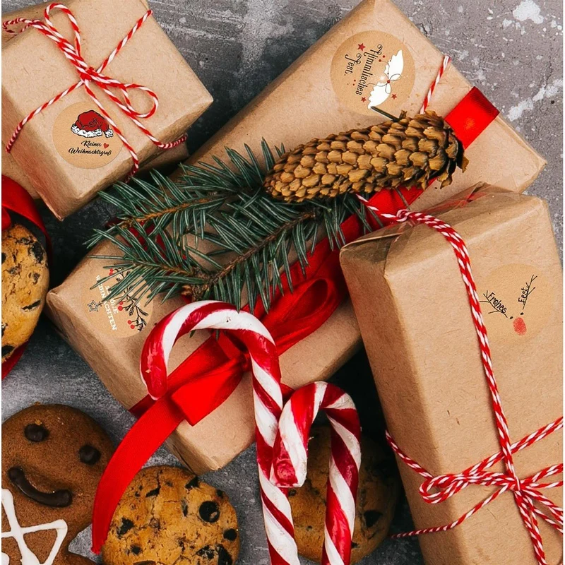 Weihnachtsaufkleber Set - 4 x 24 Sticker in Kraftpapier-Optik natur braun rot