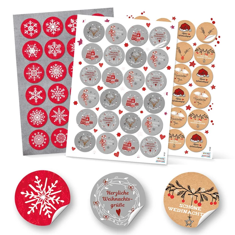 SET 3 x 24 Weihnachtsaufkleber Geschenkaufkleber weihnachtlich Sticker rund 4 cm grau weiß rot natur schwarz Verpackung Weihnachtsgeschenke Geschenkverpackung FROHE Weihnachten