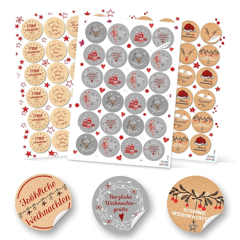 SET 3 x 24 Weihnachtsaufkleber Geschenkaufkleber weihnachtlich Sticker rund 4 cm grau weiß rot natur schwarz Verpackung Weihnachtsgeschenke Geschenkverpackung Weihnachten