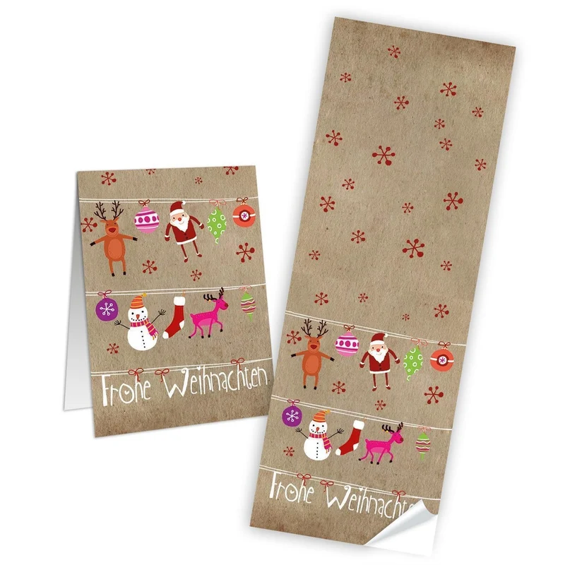 100 große FROHE WEIHNACHTEN pink natur rosa rot beige Geschenk-Aufkleber Sticker 7,2 x 21 cm - Etiketten Banderolen Verpackung Papiertüten weihnachtlich