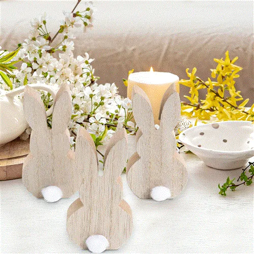 3 Osterhasen aus Holz mit Puschel natur weiß - Vintage Osterdeko Landhausstil