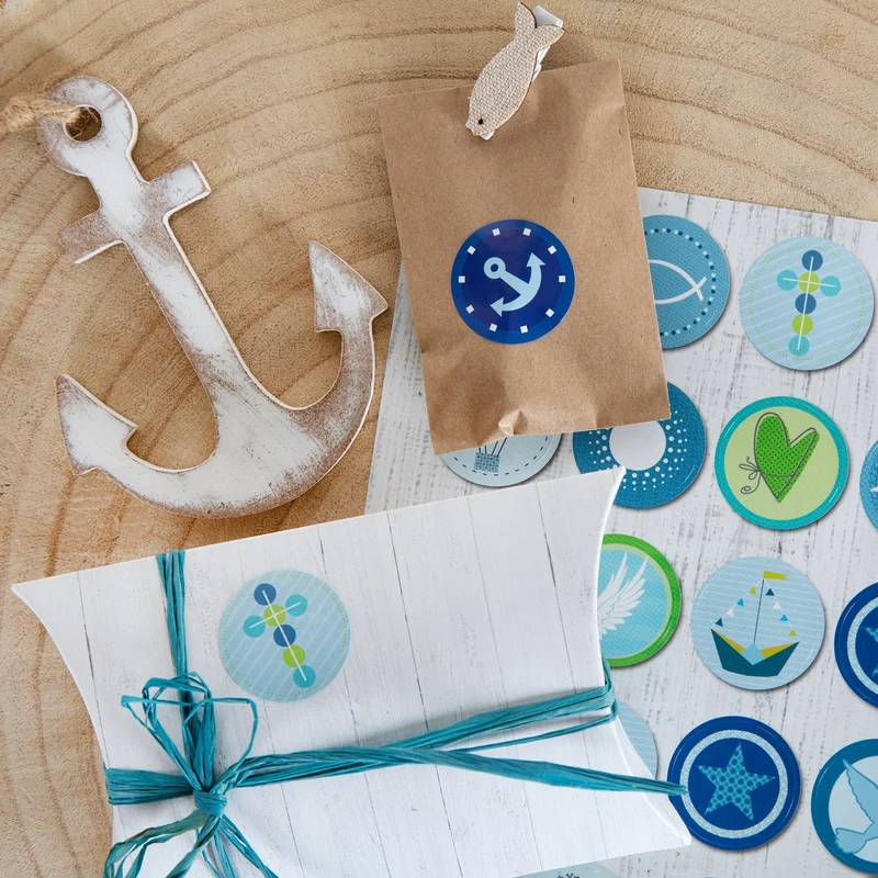 Set 35 Sticker blau grün mit christlichen Symbolen + 36 Holzklammern 3,2 cm - Tischdeko Geschenk Deko Taufe Kommunion
